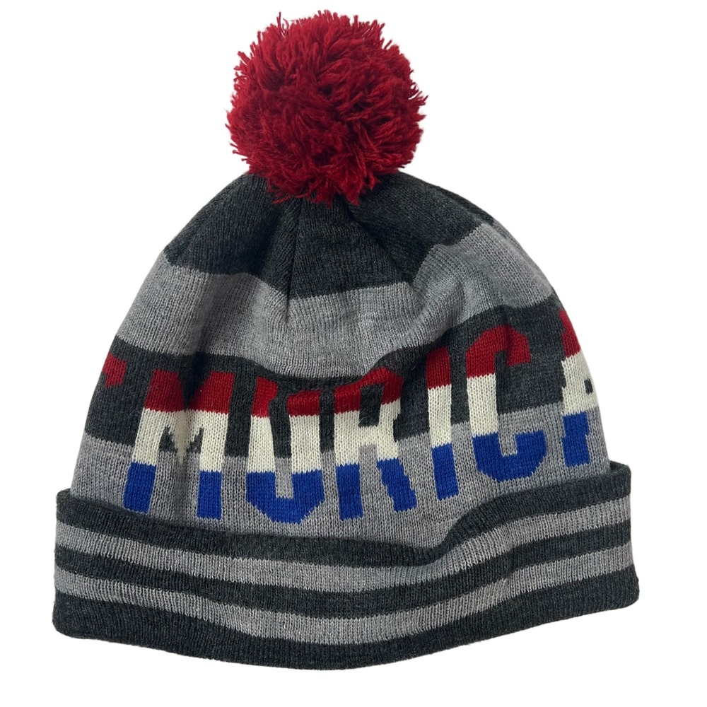 American Eagle Murica Beanie Grey Striped Pom Pom Knit Hat Patriotic One‎ Size